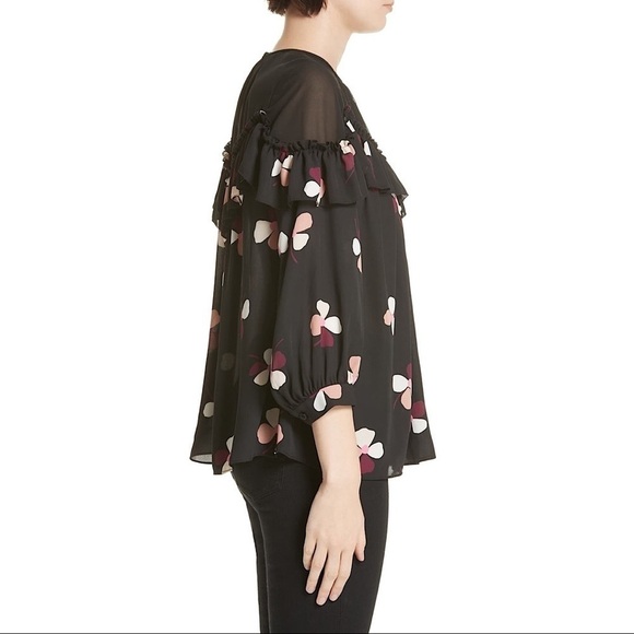 NWT Kate Spade Black Floral Glitzy Ritzy Dusk Buds Ruffle Top Size XXS - Picture 3 of 11